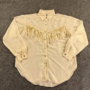 Fiji Sport Shirt Womens Small Cream 100% Silk Western Fringe Cowboy Top Show